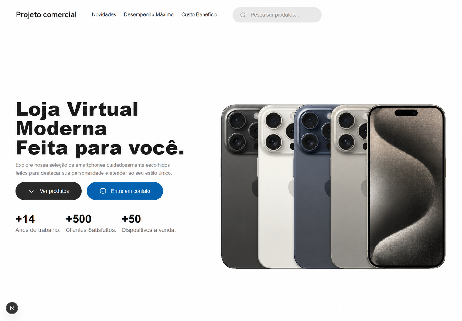 Prévia de uma landing page de loja virtual de smartphones desenvolvida pela Marvora